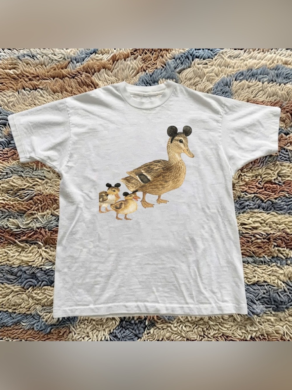 Vintage White Tee with Mother Duck and Ducklings Graphic
